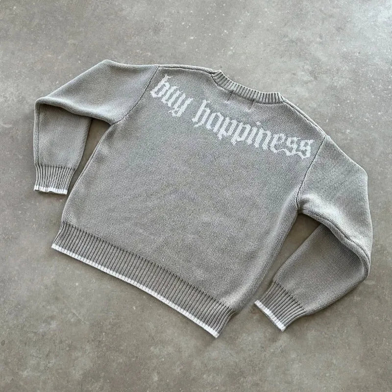 Grey jacquard knitwear coat loose-fitting pullover style with textured weave pattern