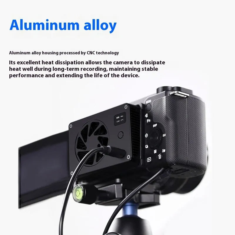 Black aluminium alloy smart cooling radiator with integrated quiet fan measuring 89x52x25.95mm