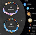 Set of two natural stone beaded bracelets with zodiac sign charms on an adjustable band