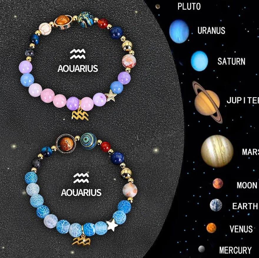 Set of two natural stone beaded bracelets with zodiac sign charms on an adjustable band