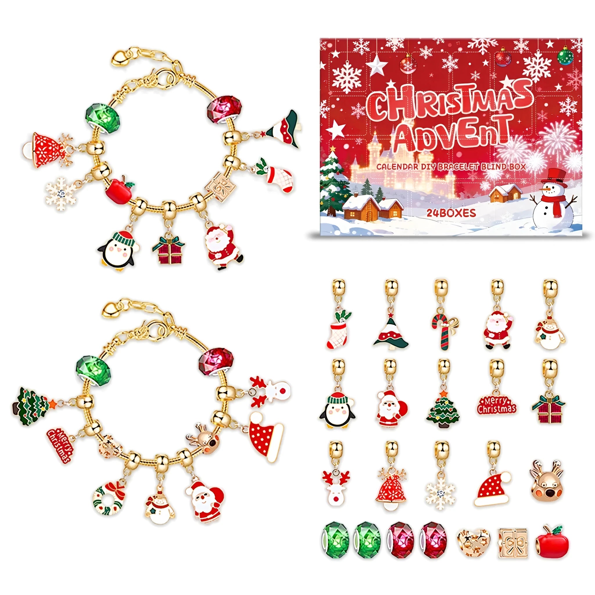 Christmas Advent calendar DIY bracelet blind box with 24 plastic and alloy jewellery making boxes arranged in festive packaging