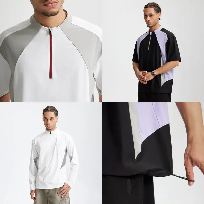 Men's lightweight polyester shirt in solid colour with stitching construction, shown in black and beige with long and short sleeve options