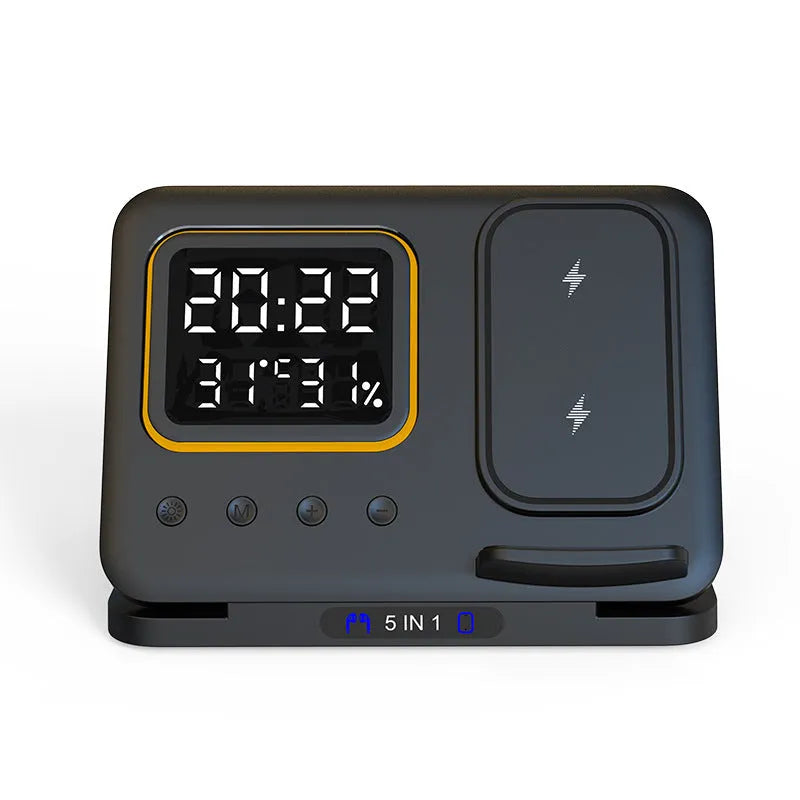 Black and white wireless charging station with LED digital display showing time temperature humidity