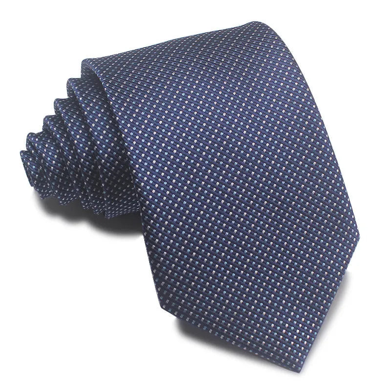 Man's red, black, and blue striped jacquard business tie with an 8cm width.