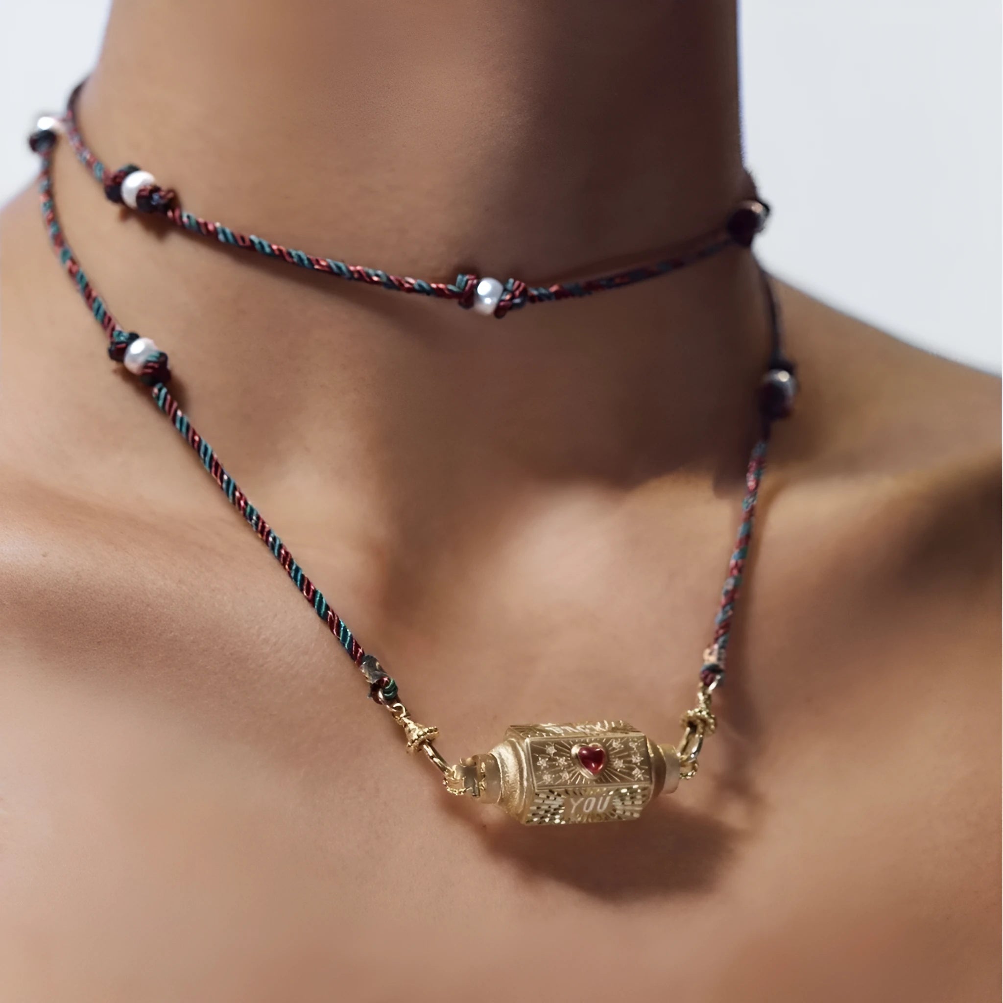 Copper geometry pendant necklace for men with star and eye motifs in blue colour on regular chain