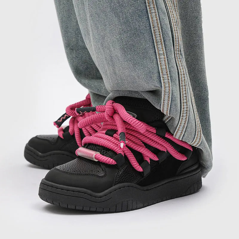 Unisex thick-soled casual lace-up shoes in denim blue with round toe and mesh lining.