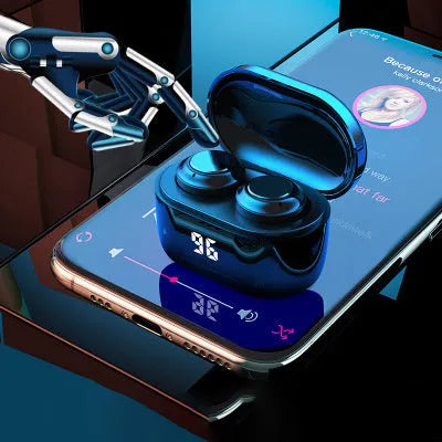 Black stereo Bluetooth headset with bilateral earbuds showing wireless design