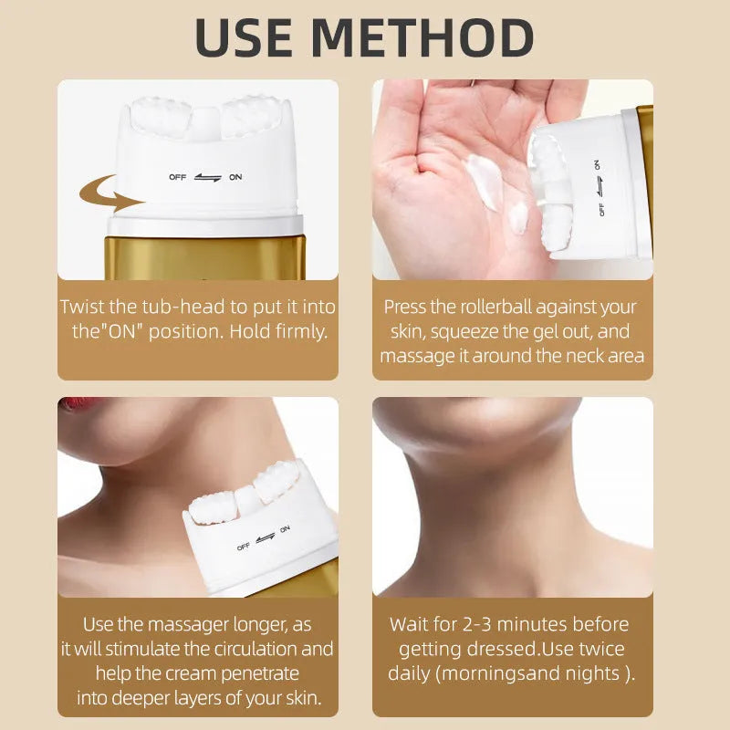Neck moisturising cream with roller applicator for dry skin in medium sample size packaging