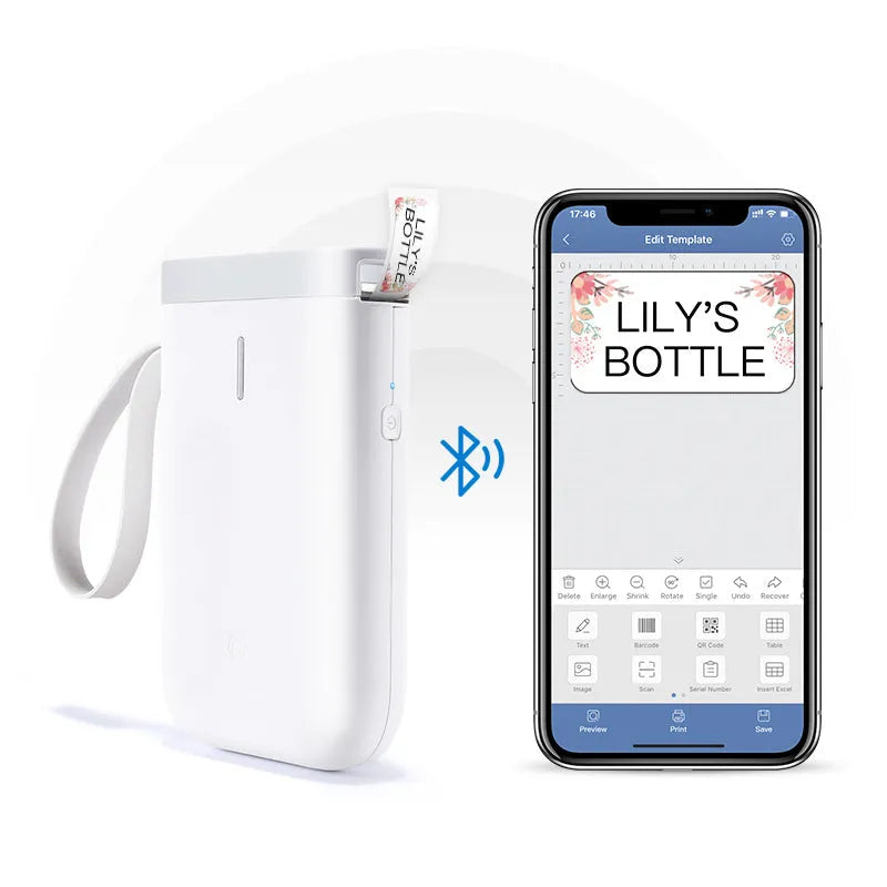 Compact D11 Bluetooth label printer in various colours, showing phone app interface and printed labels.