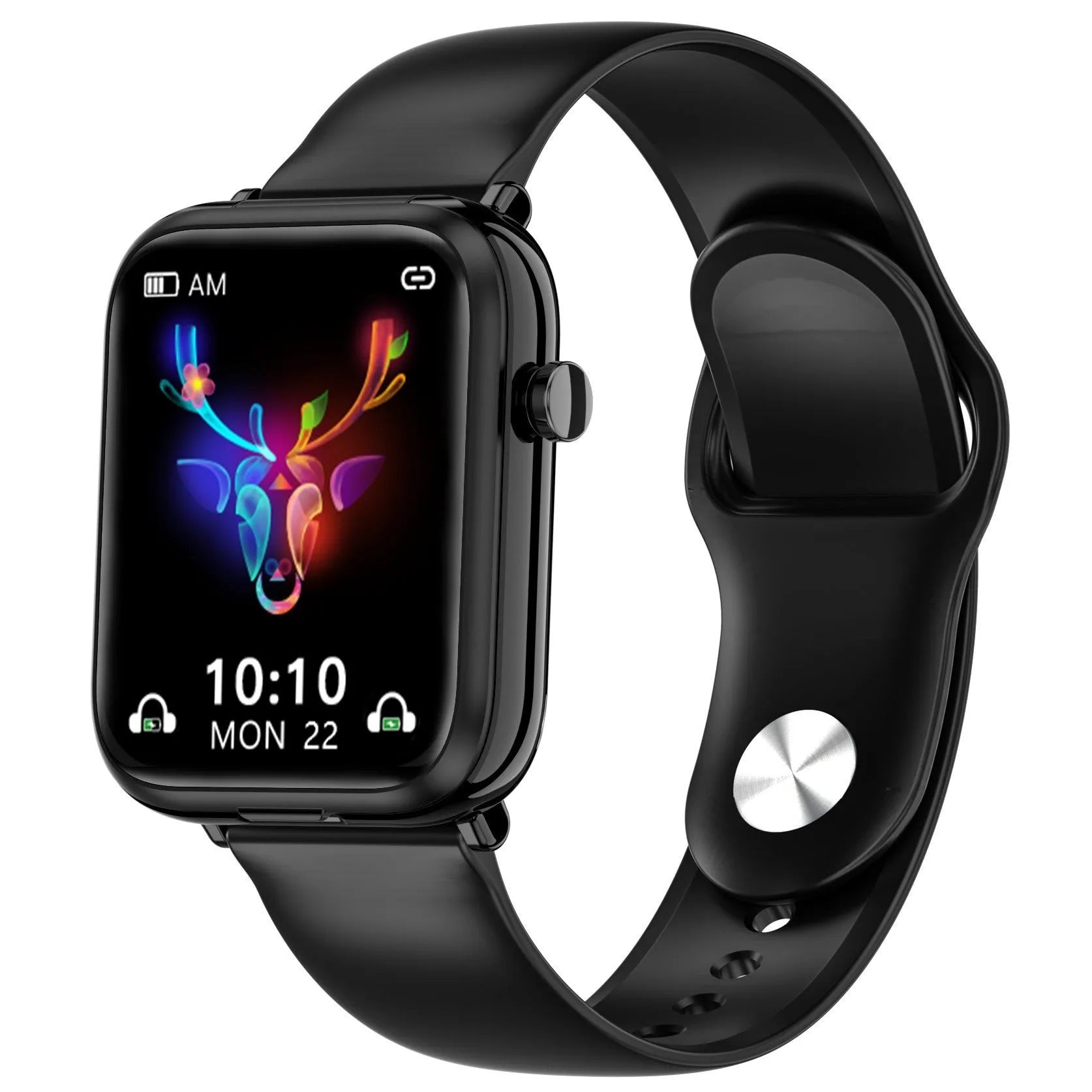 Black all-touch smart watch body with zinc alloy case, 1.69 inch screen, and integrated bluetooth headset features showing IP67 waterproof rating.