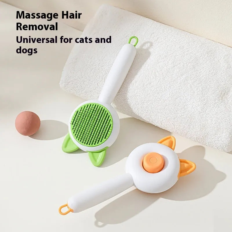 Self-cleaning cat grooming comb with stainless steel blades in greenish white or orange white colours
