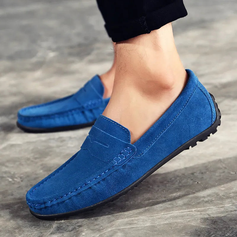 Men's brown suede casual slip-on loafers with a round toe and flat rubber sole