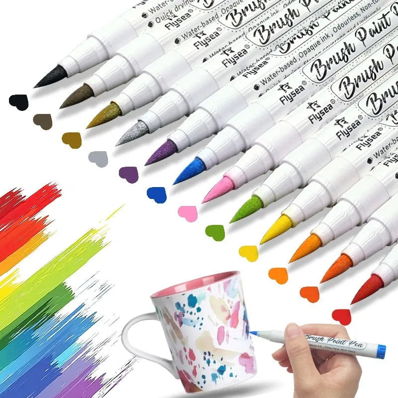 Set of soft-head gouache marker pens in various colours for hand painting and card making.