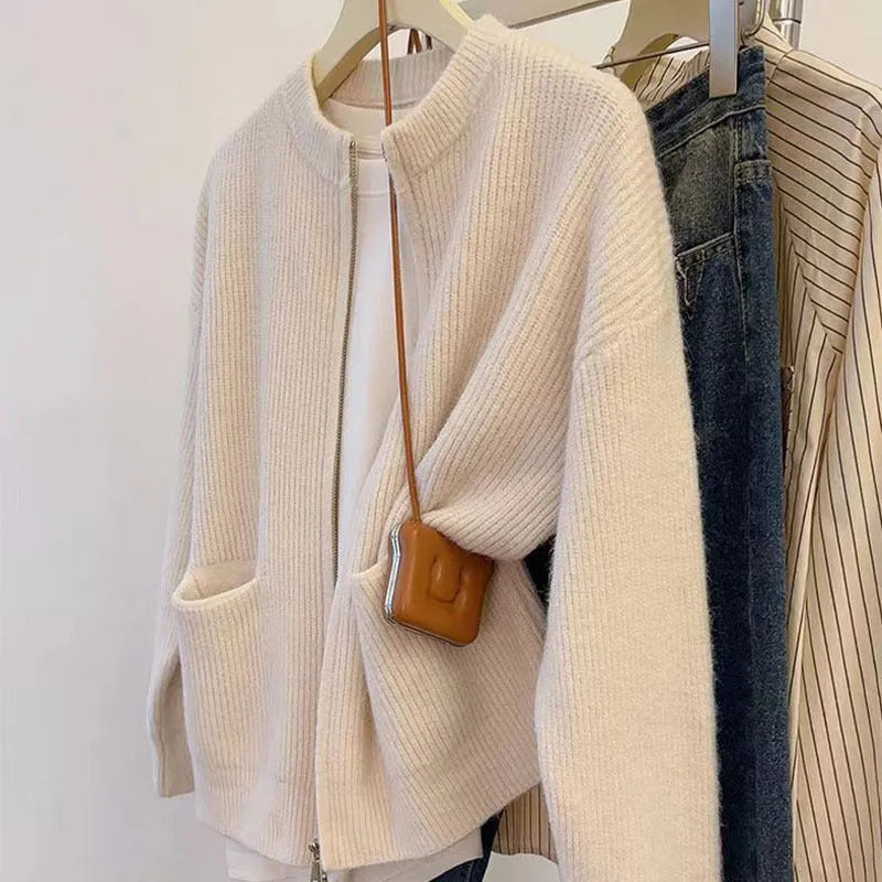 Soft viscose knit sweater coat cardigan in beige colour with long sleeves