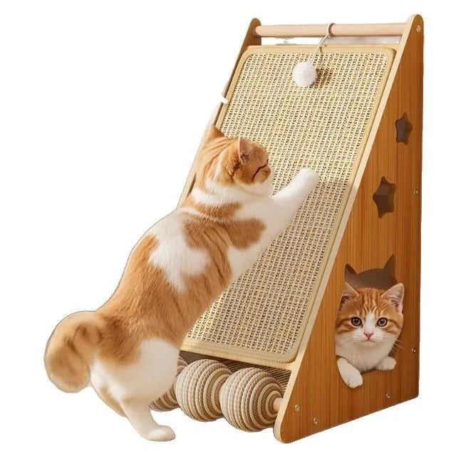 Vertical wall-mounted cat scratch board with sisal surface and teasing ball design
