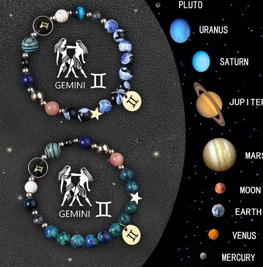 Two natural stone beaded bracelets showing Chinese zodiac animal signs including dragon and rabbit symbols