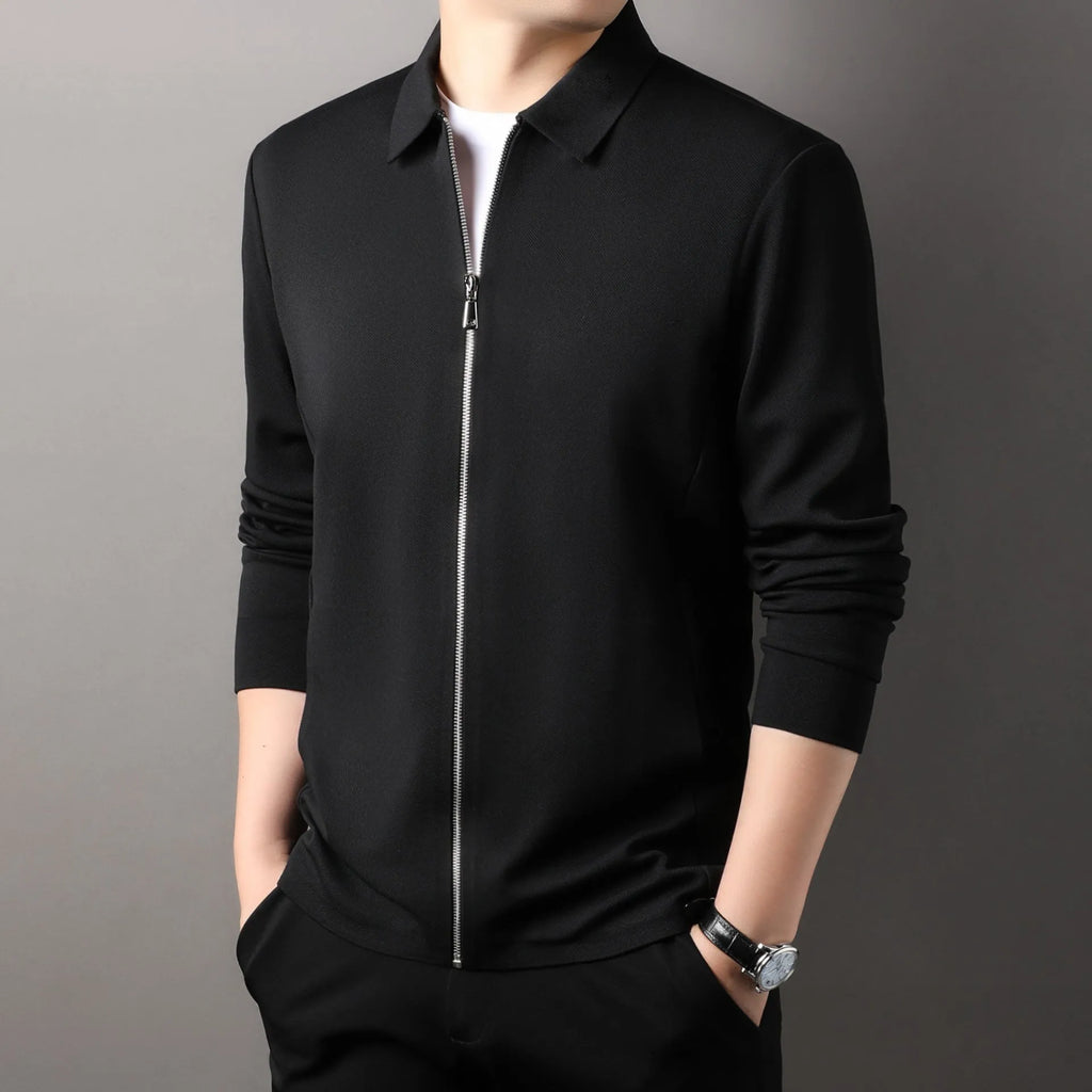 Men's casual business jacket in black, dark grey, or apricot with long sleeves and a straight hem.