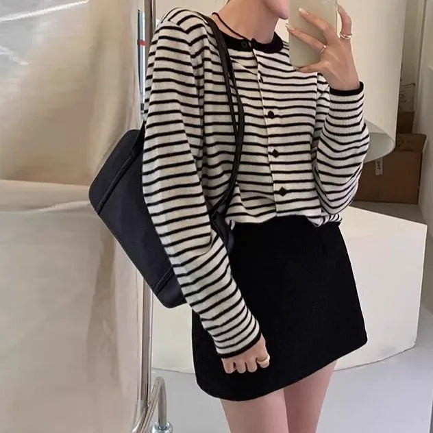 Dark grey and white striped women's viscose cardigan coat with a slim fit and short length.