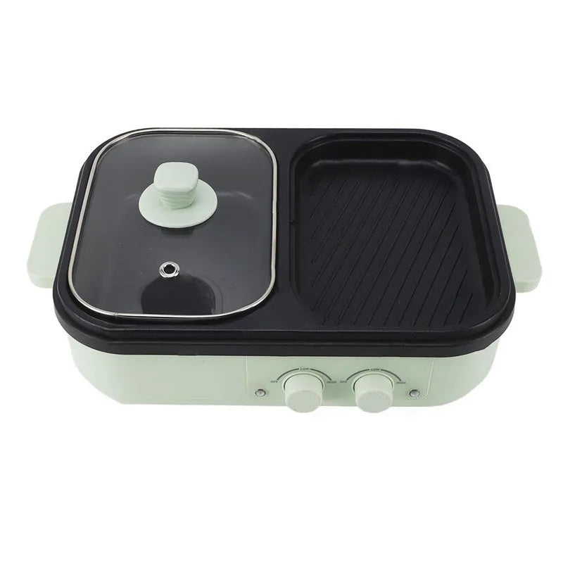 Green and white dual-function electric hot pot with frying pan showing mechanical controls and compact design