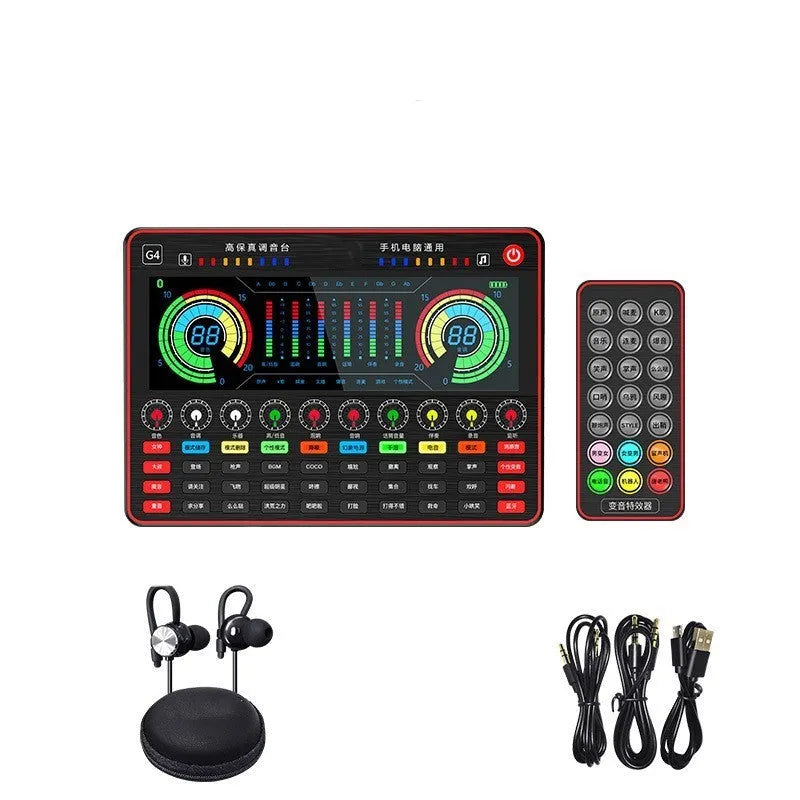 G4 professional live sound card with colour LCD screen, tuning knobs, and included microphone and cables