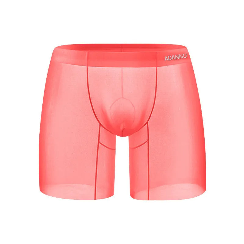 Men's low waist boxer shorts in solid orange, pink, or red ice silk nylon fabric.