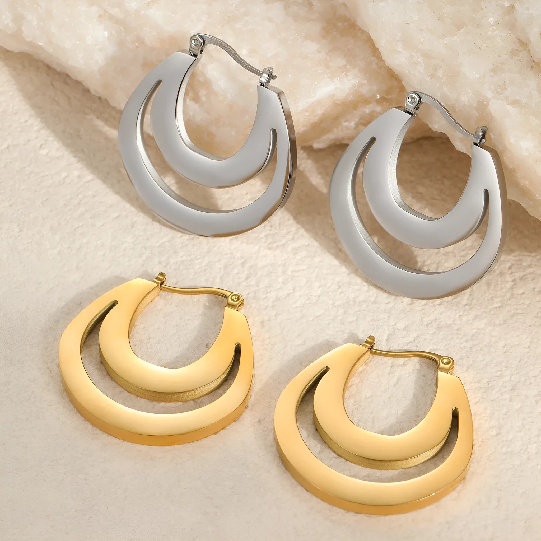 Geometric French earrings gold plated and steel plated minimalist jewellery with round ring elements