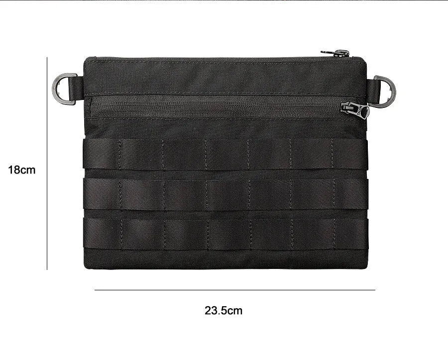 Black Oxford cloth tactical outdoor pouch measuring 18 by 3.5 centimetres
