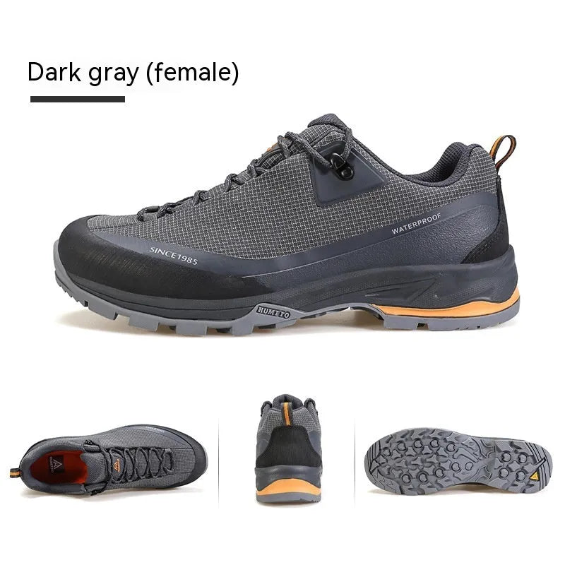 Low-top hiking boots in various colours with non-slip rubber soles and leather mesh upper