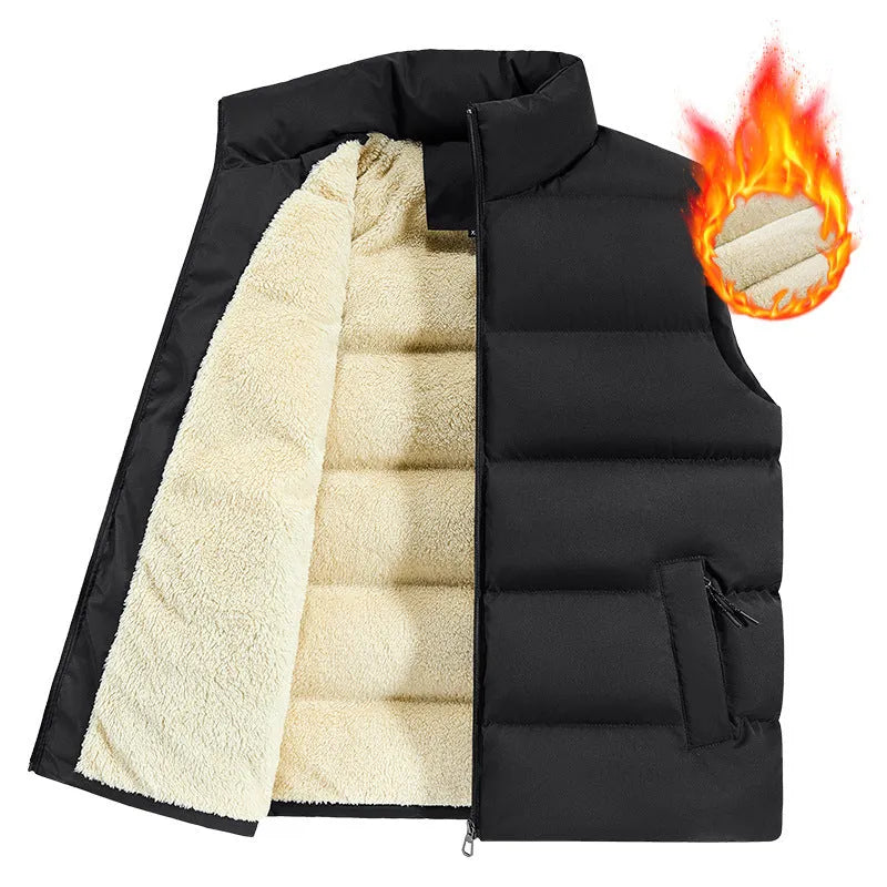 Men's striped lambswool vest in black, shown on a hanger, for autumn and winter wear