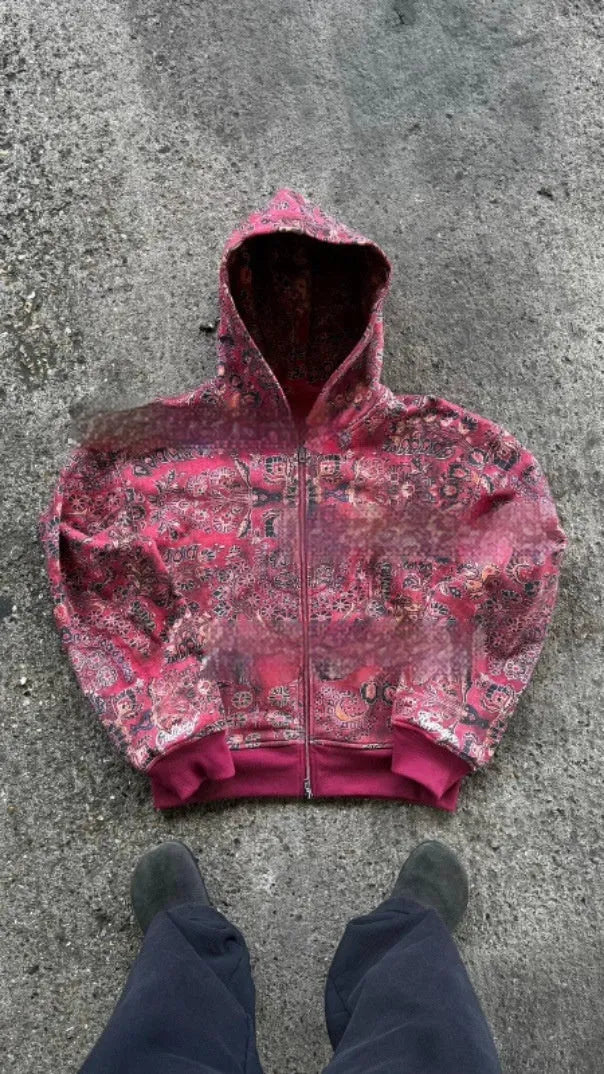 Men's loose fit hooded zip coat in polyester with digital printing, shown in red and blue colour options