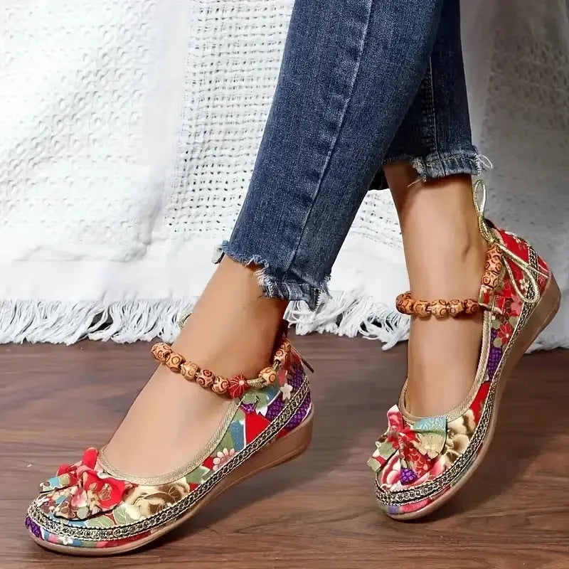 Women's plus size black ethnic platform sandals with cloth upper and elastic band