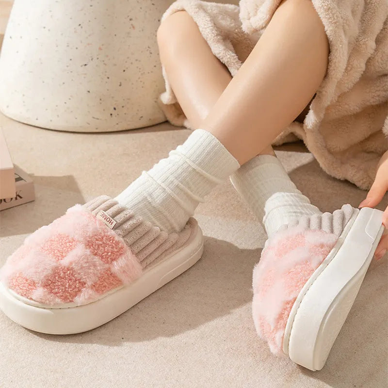 Plaid pattern women's plush slippers with round toe and non-slip sole in multiple colours