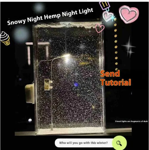 DIY kit components for building a snowy landscape night light with small houses and LED street lights.