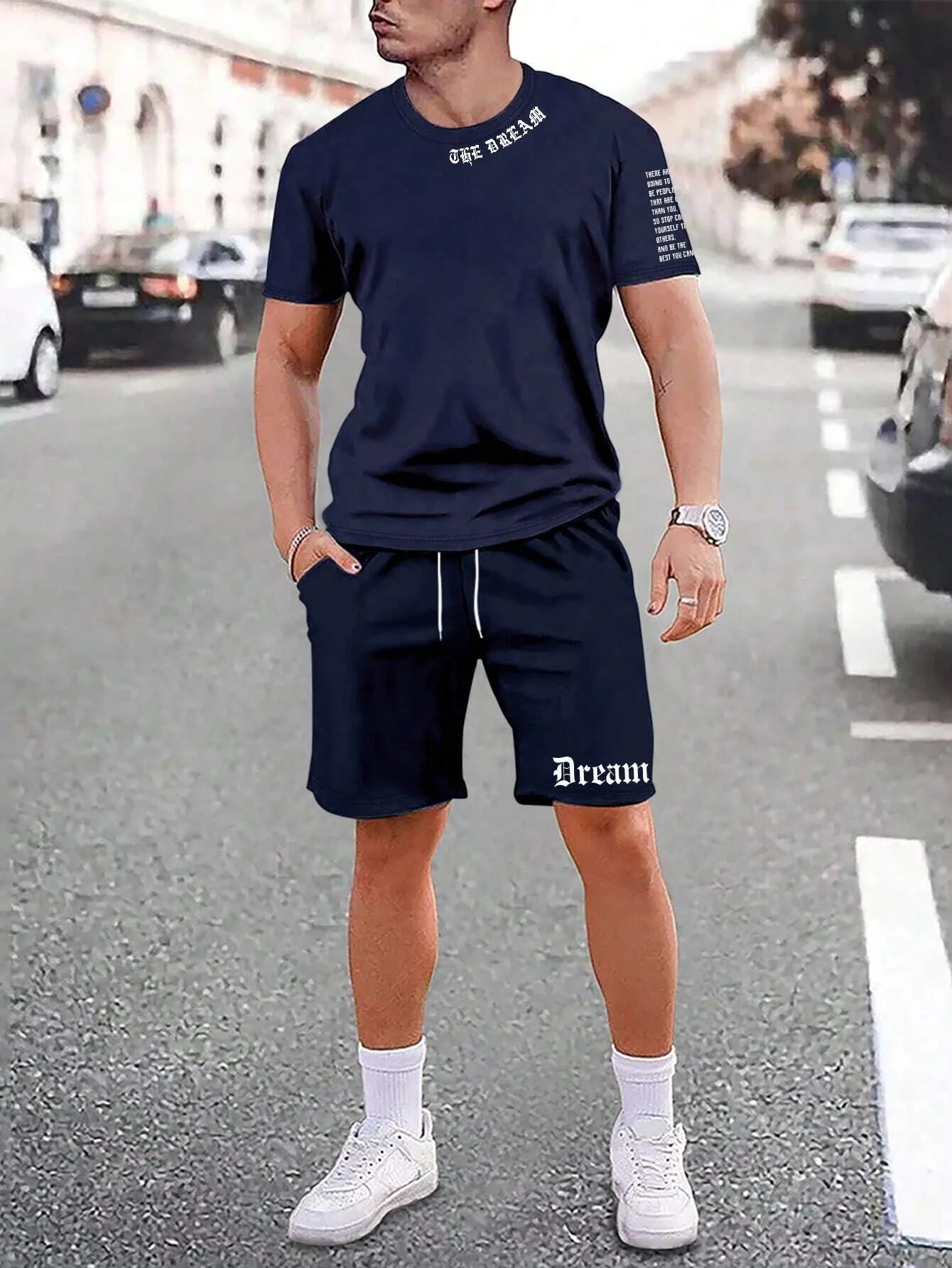 Men's printed polyester blend short sleeve top and matching shorts casual sports set