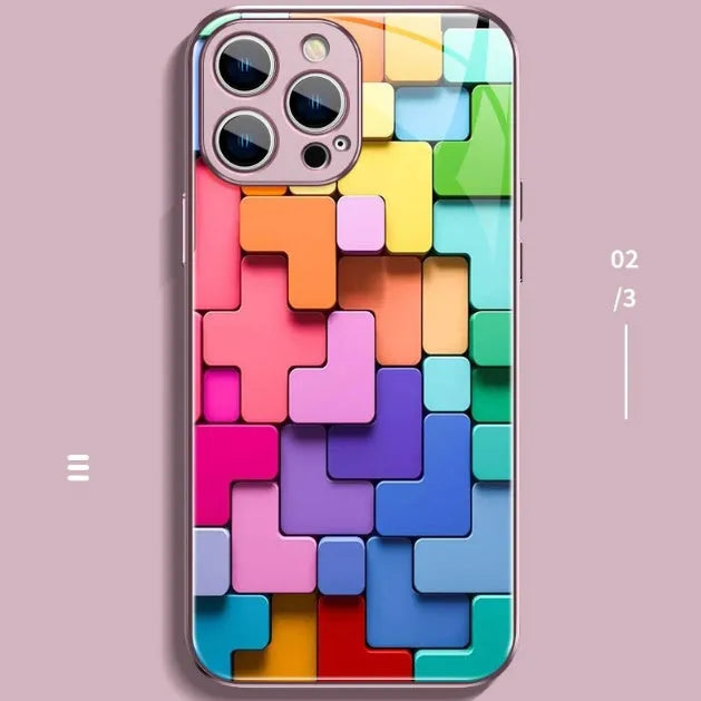 Cartoon geometric silicone phone case for iPhone models showing black, silver and pink glass colour options
