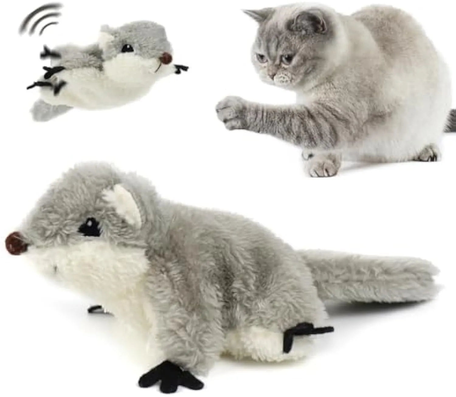 Grey flapping squirrel cat toy with touch-activated motion and USB charging port