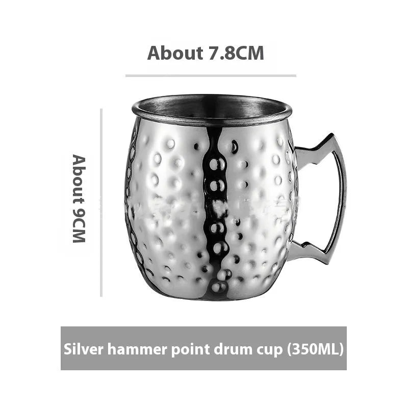 Stainless steel Moscow Mule cup with copper-plated finish in hammered and plain styles.