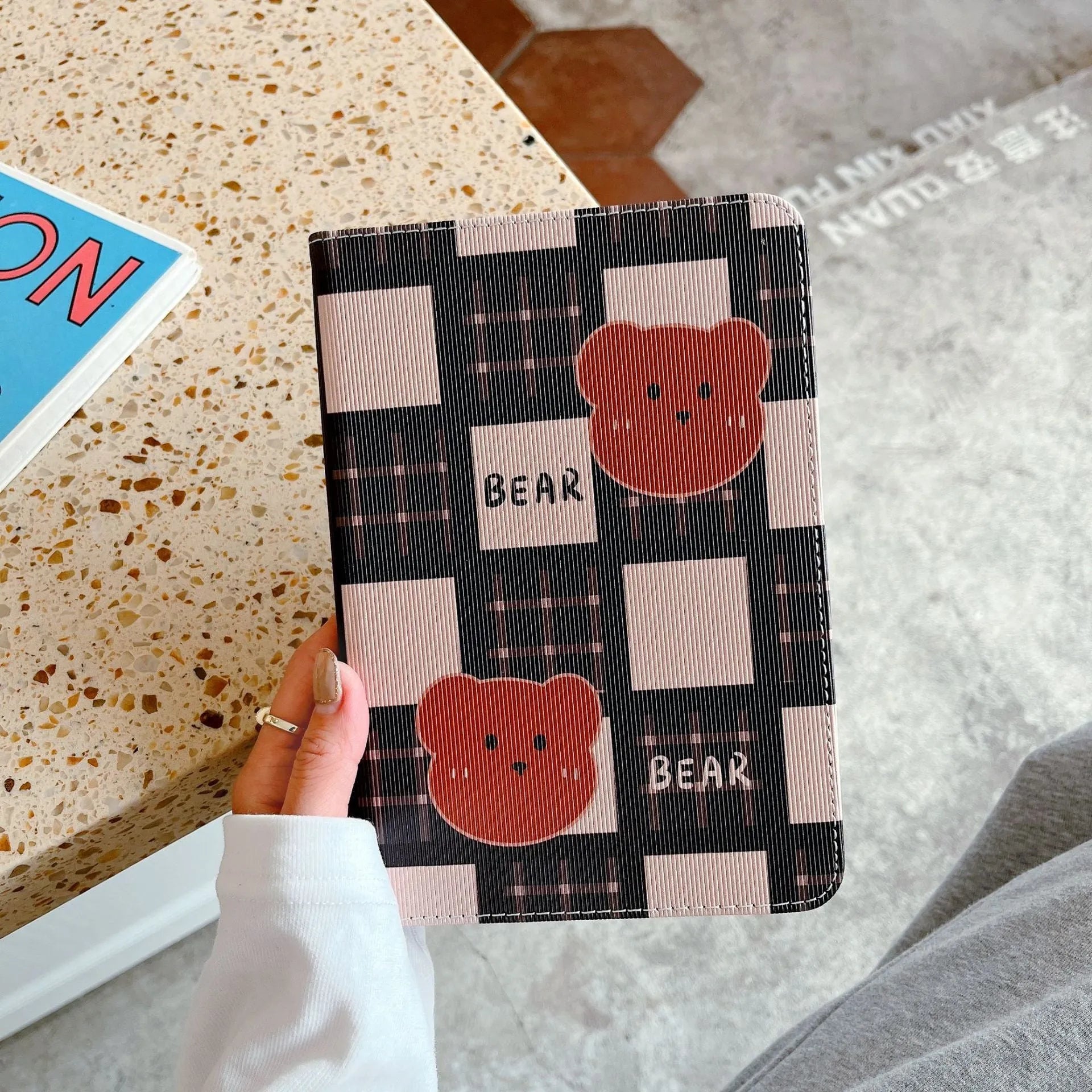 Cartoon plaid protective flip case for iPad with blue rhombus bear pattern, silicone and TPU material