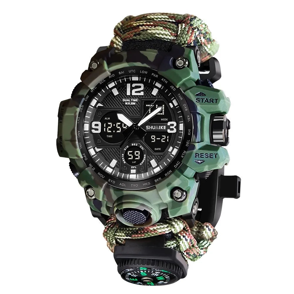 Double display electronic watch with compass thermometer whistle ignition for men 1.3-inch screen black