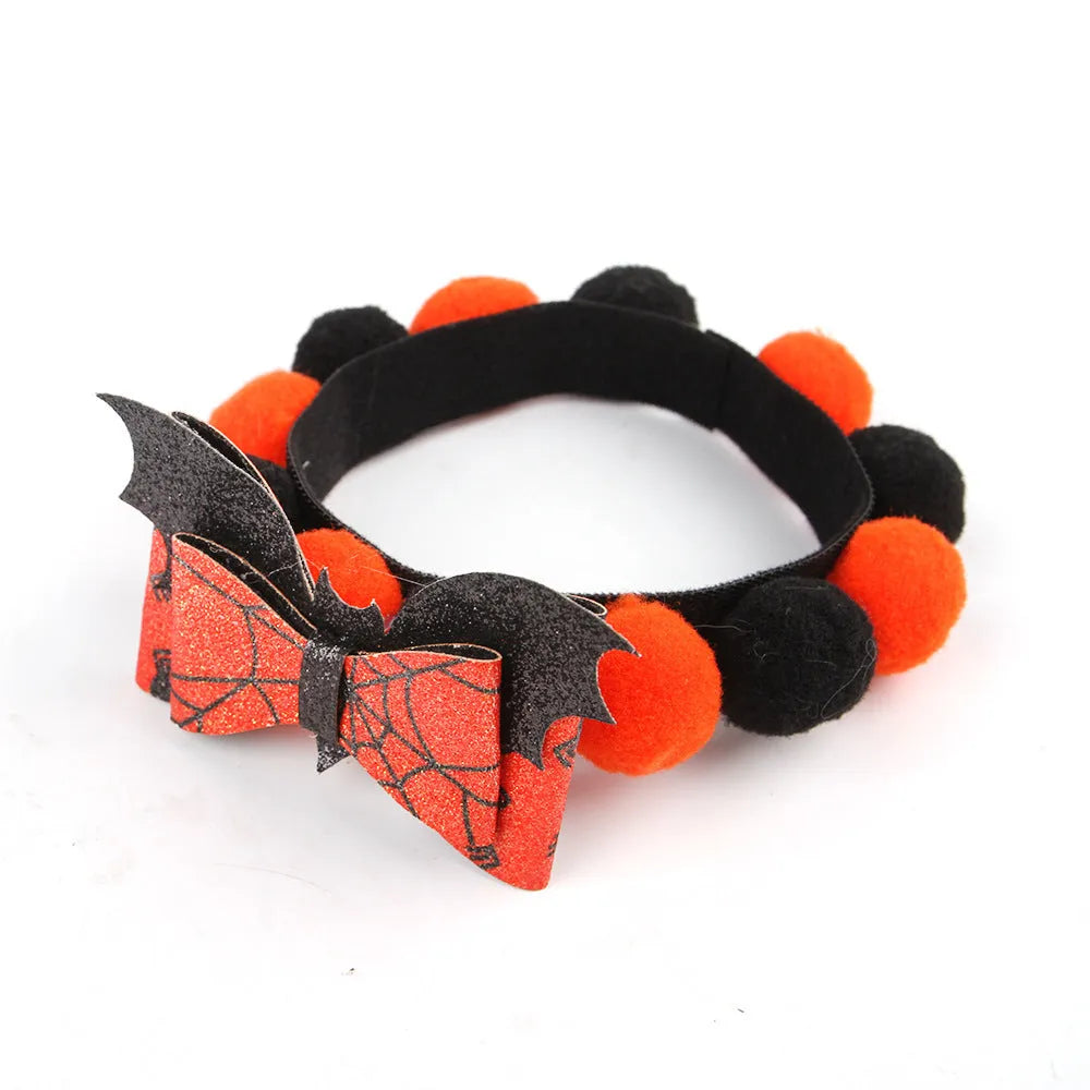 Halloween pet collar with fur ball pumpkin decoration in six colour and theme variations