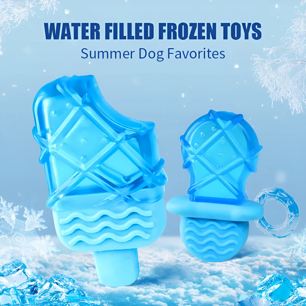 Set of three plastic dog chew toys: a blue pacifier, a red popsicle, and a green ring, designed to be filled with water and frozen.