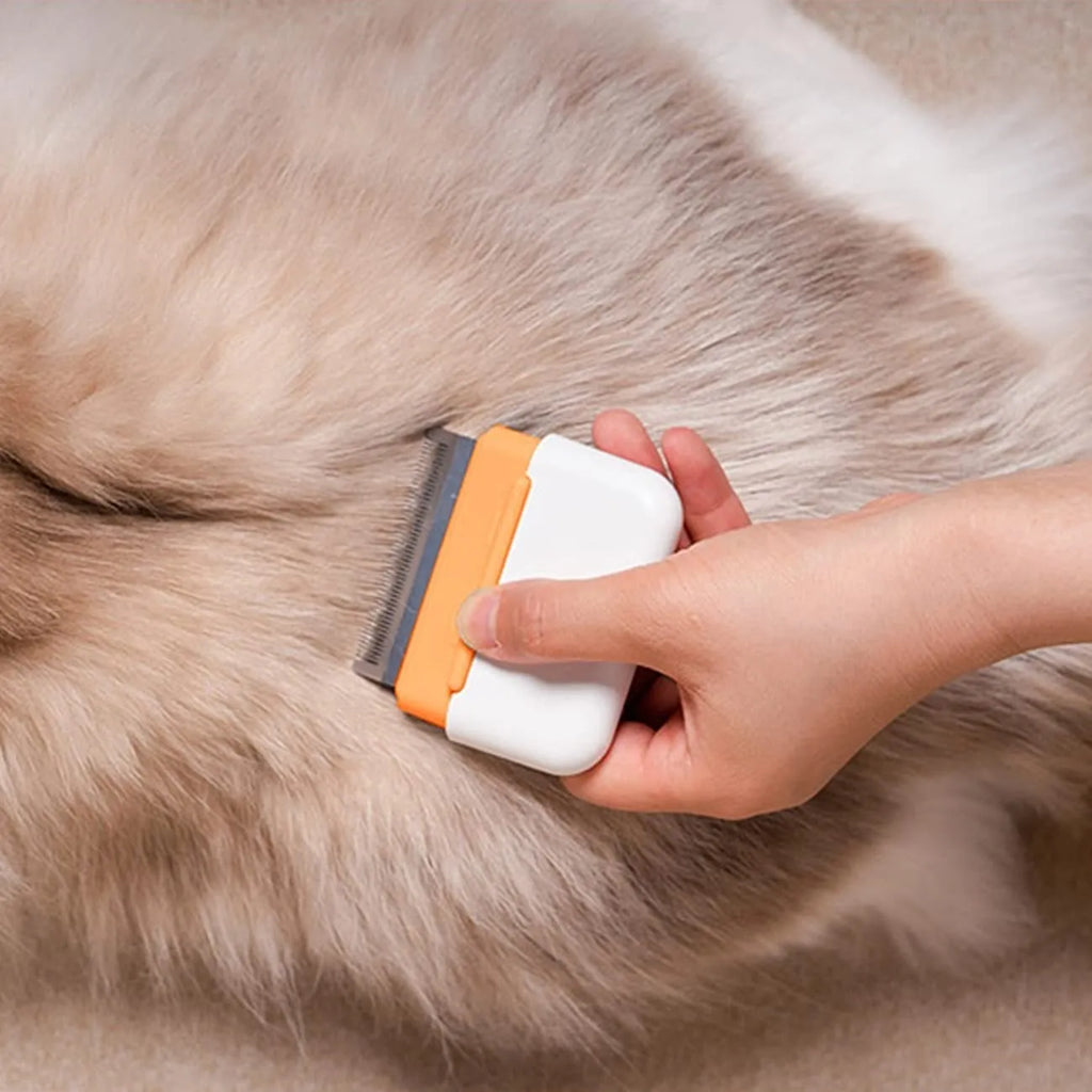Double-sided pet grooming comb showing stainless steel teeth and massage sides