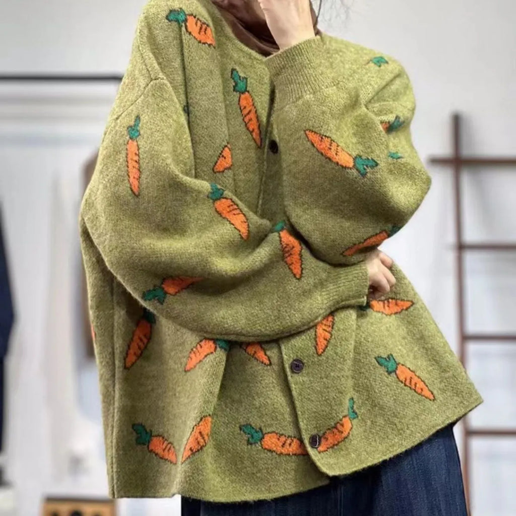 Women's loose fit cardigan sweater with Mori artistic printing colour contrast design