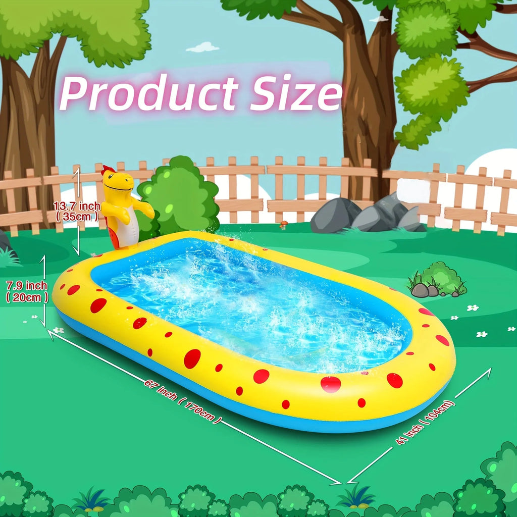 Blue dinosaur shark water spray pool measuring 170cm long with children playing