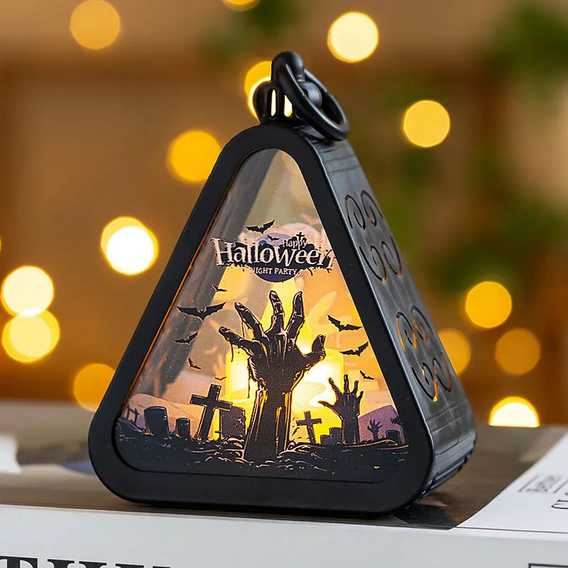 Halloween pumpkin lamp decoration in one of four designs: pumpkin, witch, castle or ghost hand