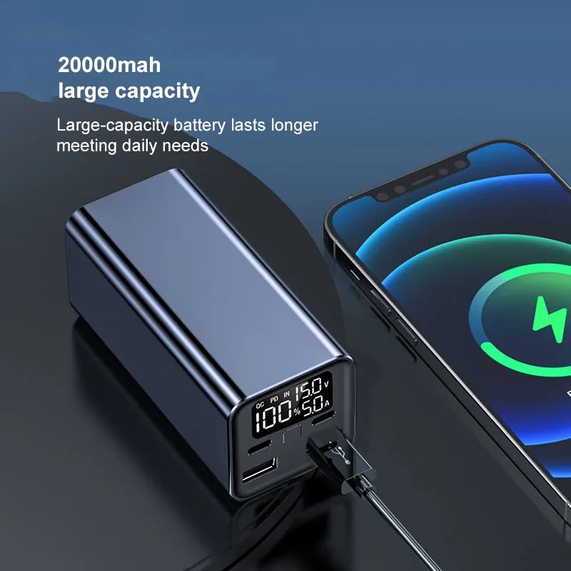 65W metal power bank with 20000mAh capacity for laptop charging, shown in black, blue, or grey.