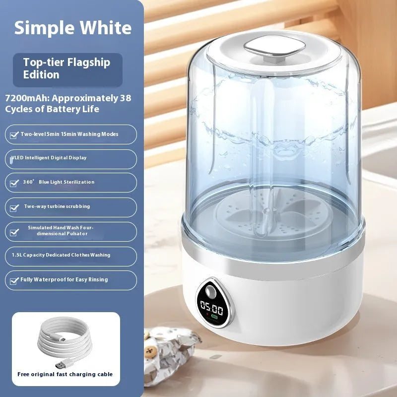 White portable USB charging mini washing machine with compact plastic housing on a countertop.