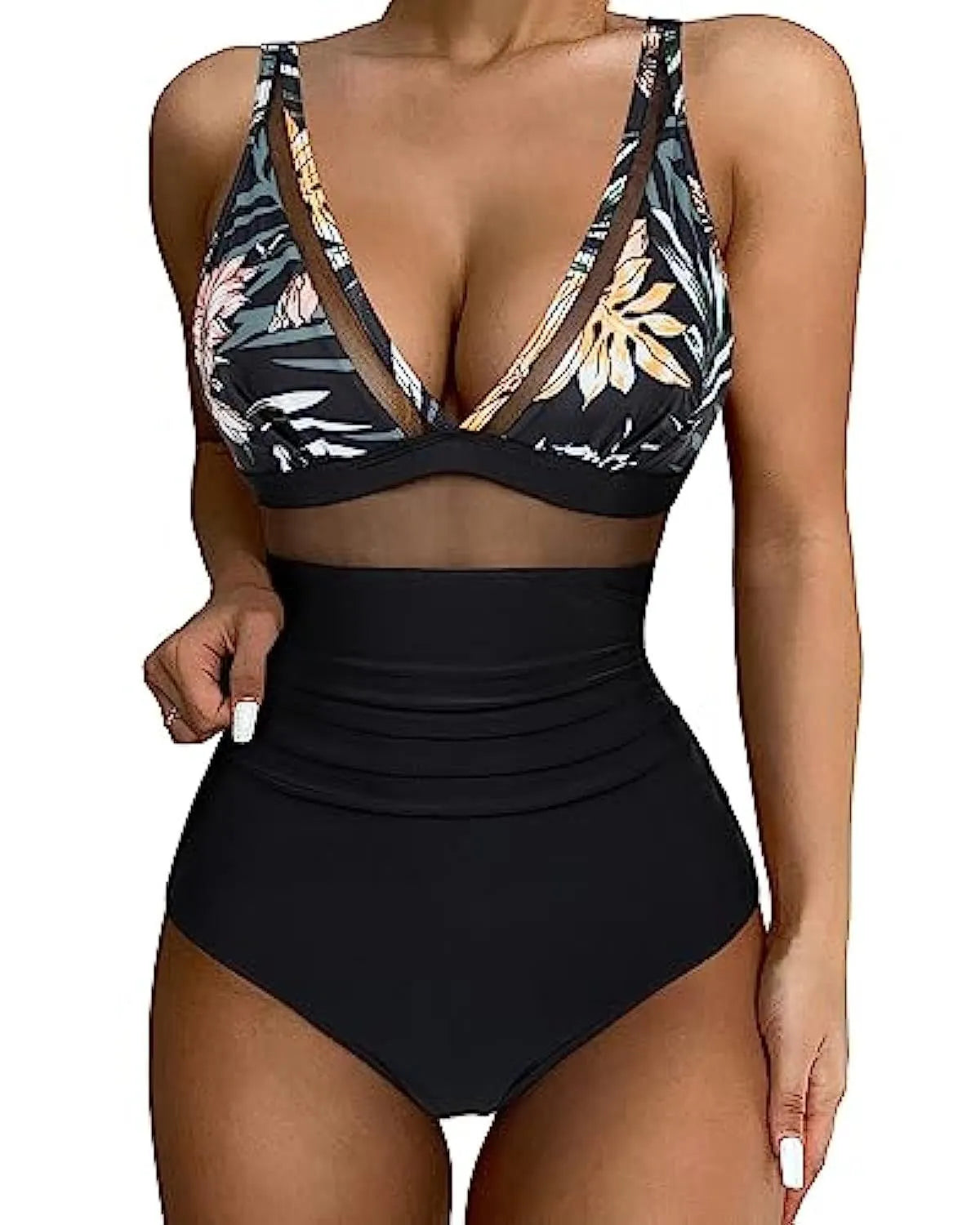 Women's high-waist one-piece swimsuit in polyester fabric available in multiple colours and patterns