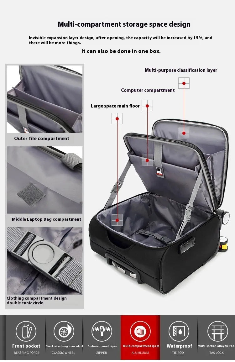 Black 18-inch Oxford cloth business luggage suitcase with universal wheels and retractable handle