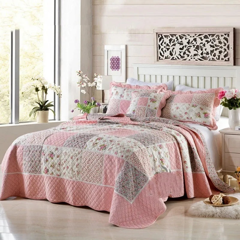 Washed pure cotton quilted bedspread and pillowcase set in a Korean style, showing textured non-slip surface.